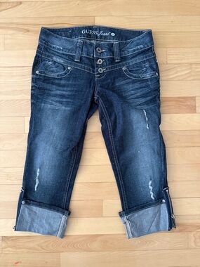 GUESS Jeans Women's Dark Blue Distressed Capri Jeans